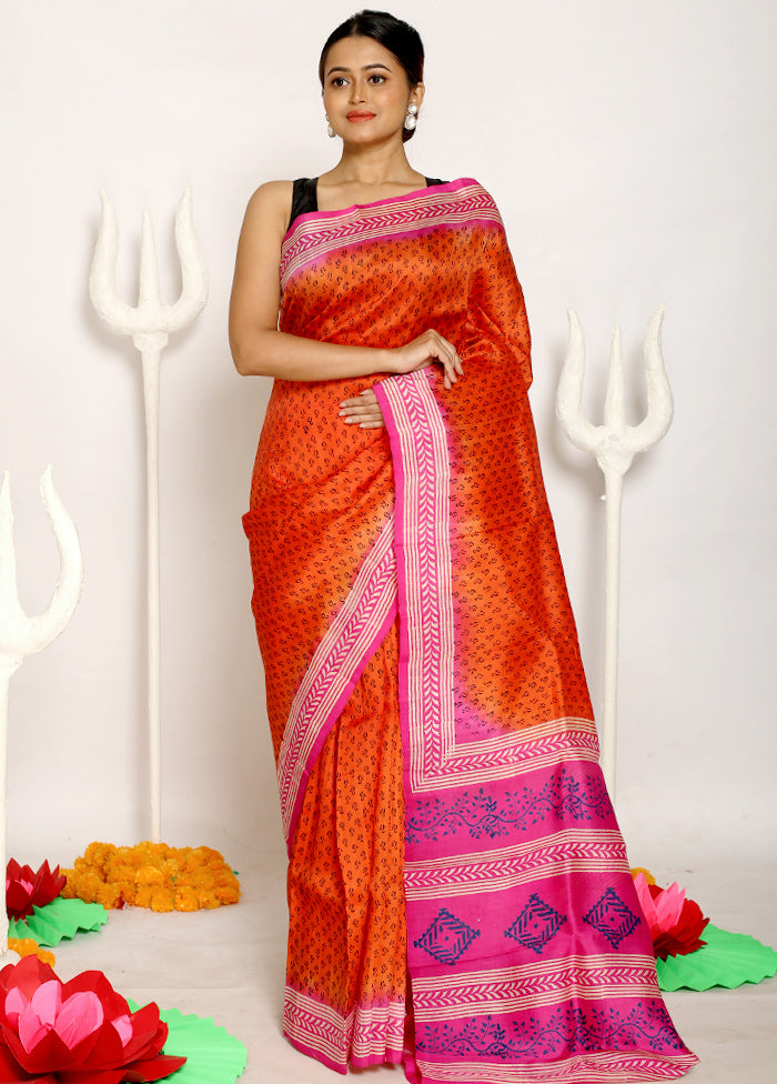 Orange Pure Printed Silk Saree With Blouse Piece - Indian Silk House Agencies