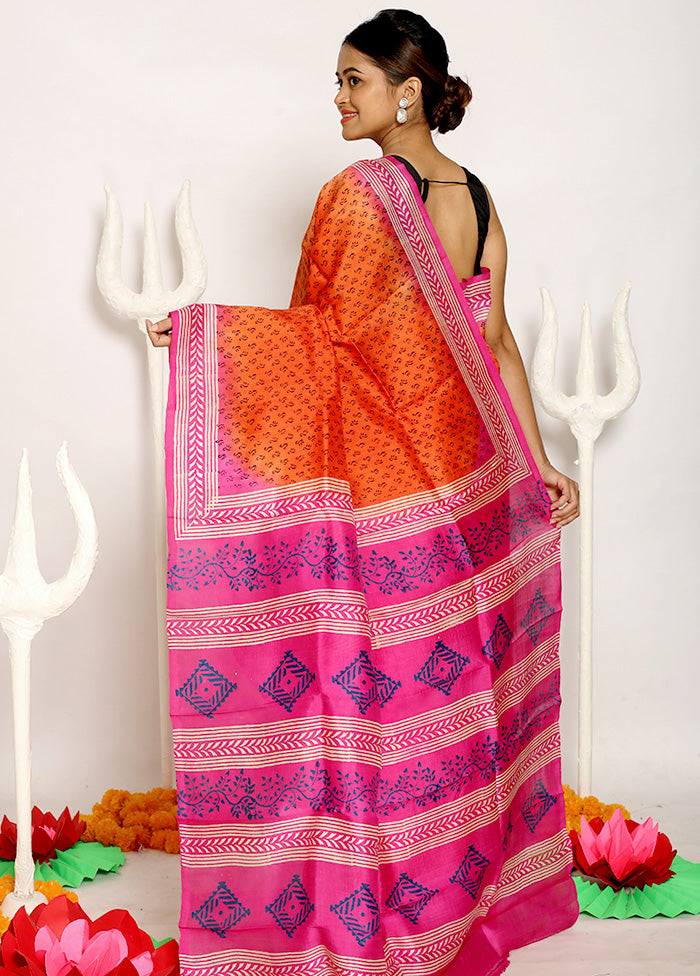 Orange Pure Printed Silk Saree With Blouse Piece - Indian Silk House Agencies