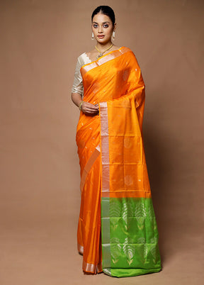 Orange Handloom Kanjivaram Pure Silk Saree With Blouse Piece