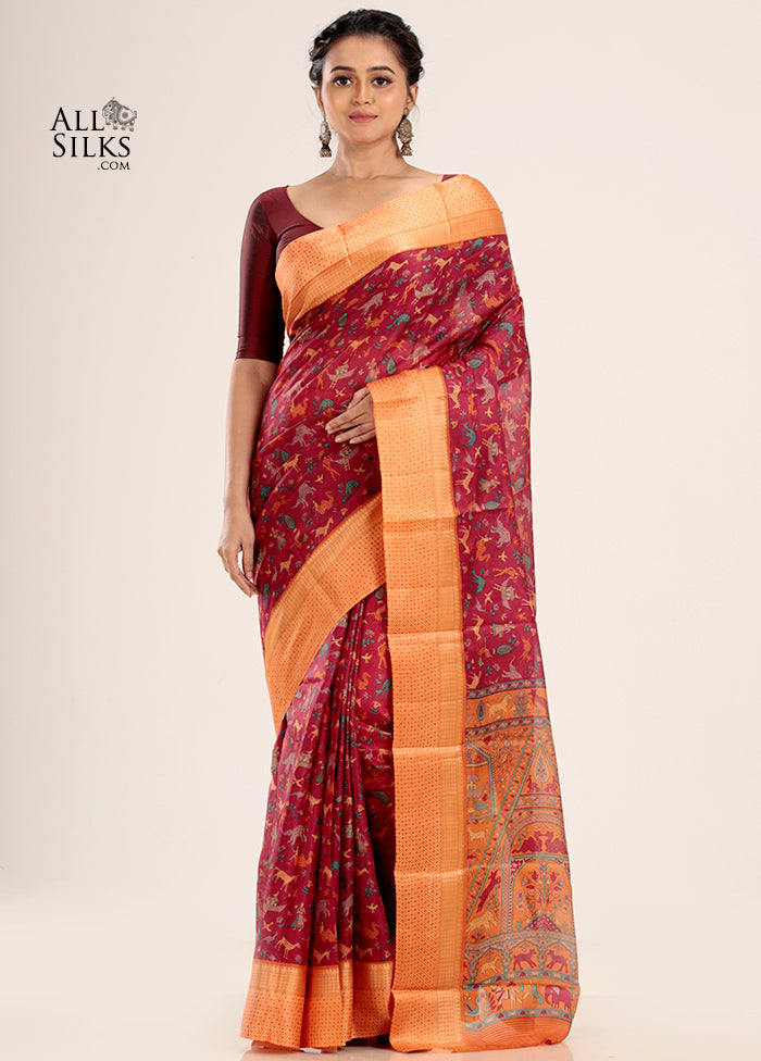 Maroon Printed Silk Saree Without Blouse Piece - Indian Silk House Agencies
