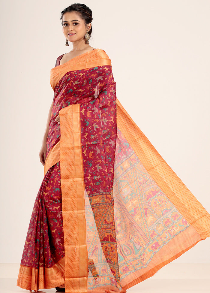 Maroon Printed Silk Saree Without Blouse Piece - Indian Silk House Agencies