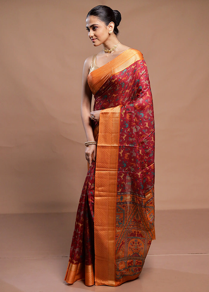 Pink Printed Pure Silk Saree Without Blouse Piece