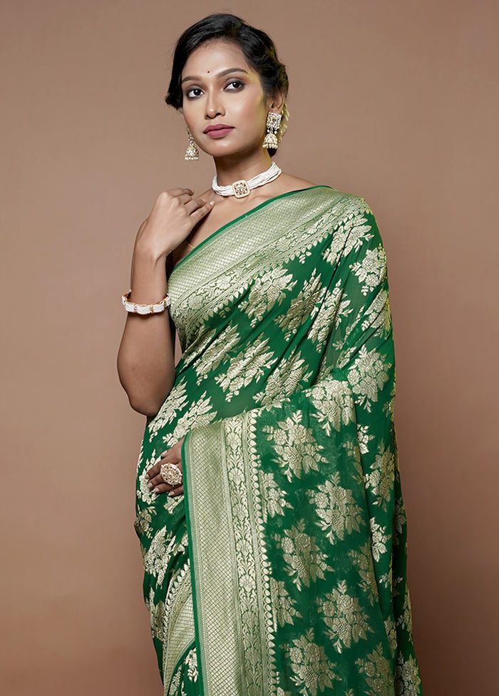 Green Handloom Pure Georgette Saree With Blouse Piece