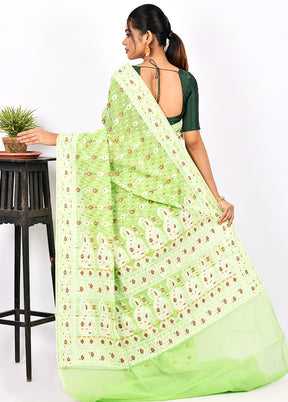 Light Green Cotton Saree Without Blouse Piece - Indian Silk House Agencies