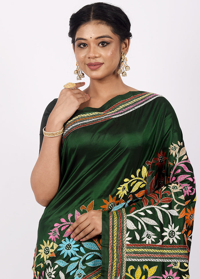 Emerald Green Pure Kantha Stitch Silk Saree With Blouse Piece - Indian Silk House Agencies