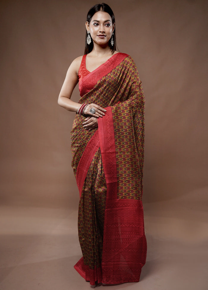 Yellow Printed Pure Silk Saree With Blouse Piece - Indian Silk House Agencies