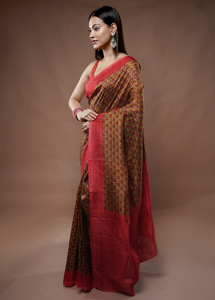 Yellow Printed Pure Silk Saree With Blouse Piece - Indian Silk House Agencies