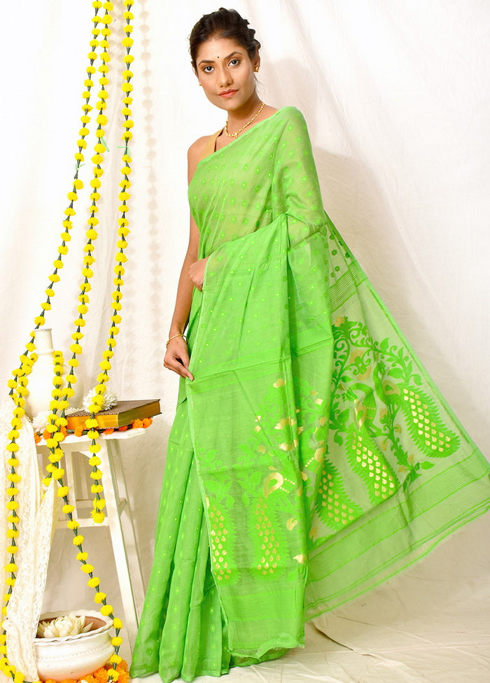 Green Tant Jamdani Saree Without Blouse - Indian Silk House Agencies