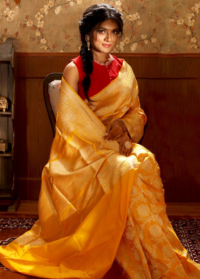Yellow Grand Looking Katan Handloom Pure Silk Saree With Blouse - Indian Silk House Agencies