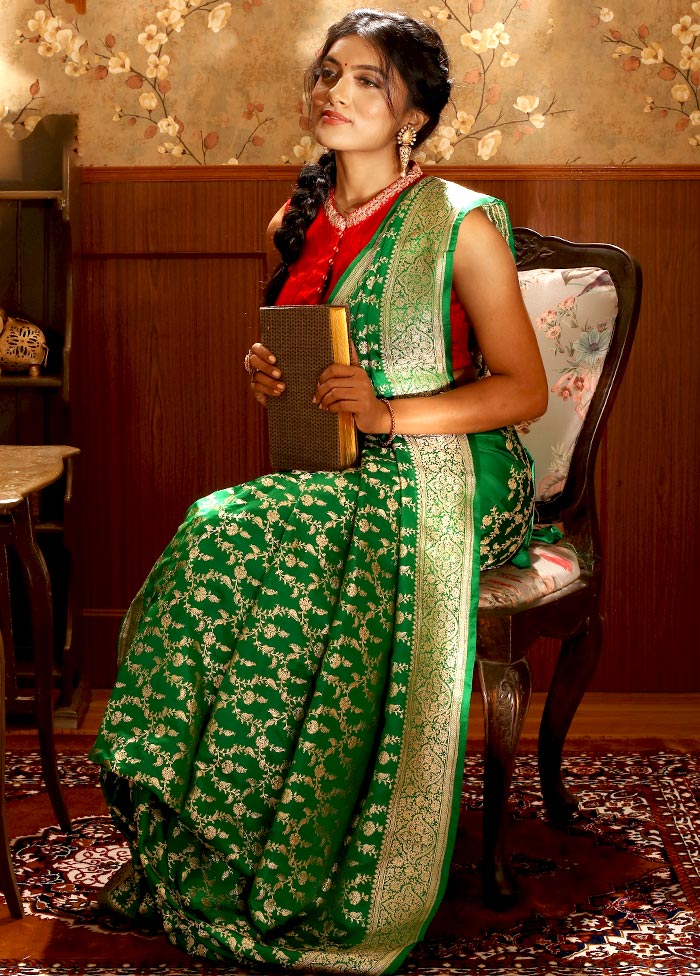Green Banarasi Pure Silk Zari Woven Saree With Blouse - Indian Silk House Agencies