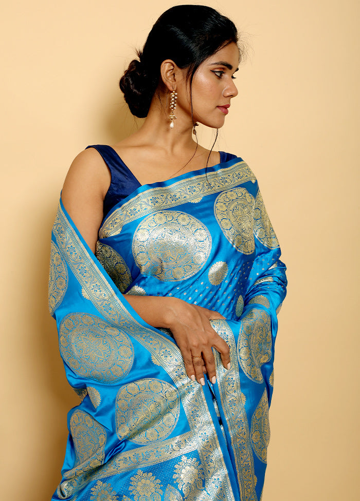 Blue Banarasi Silk Saree With Blouse Piece - Indian Silk House Agencies