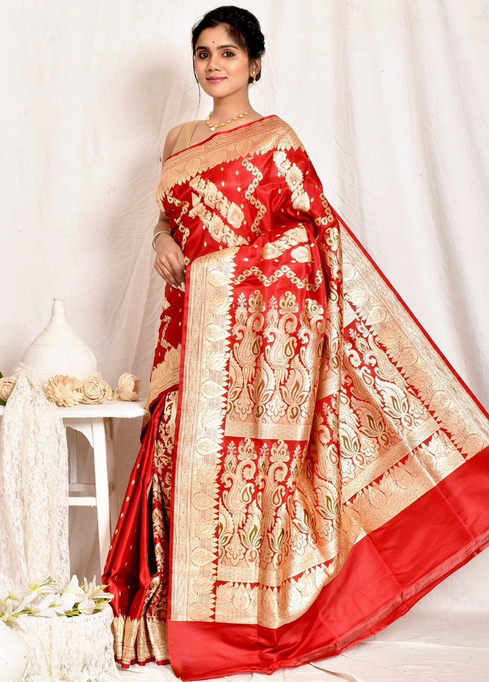 Red Banarasi Pure Silk Handloom Saree With Blouse - Indian Silk House Agencies