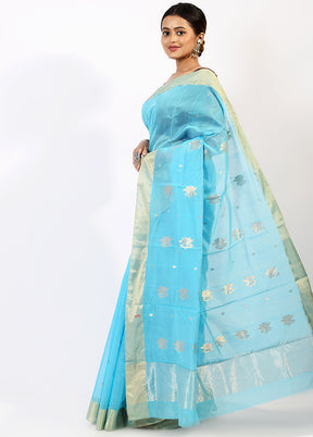 Sky Blue Chanderi Cotton Saree With Blouse Piece - Indian Silk House Agencies