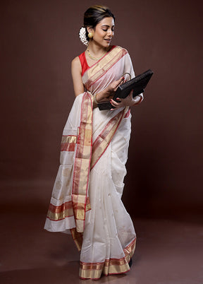 Cream Chanderi Pure Cotton Saree With Blouse Piece - Indian Silk House Agencies