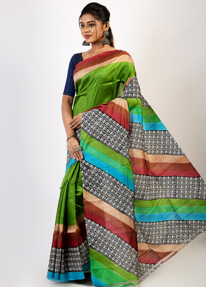 Green Pure Printed Silk Saree With Blouse Piece - Indian Silk House Agencies