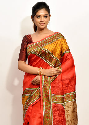 Red Pure Printed Silk Saree With Blouse Piece - Indian Silk House Agencies
