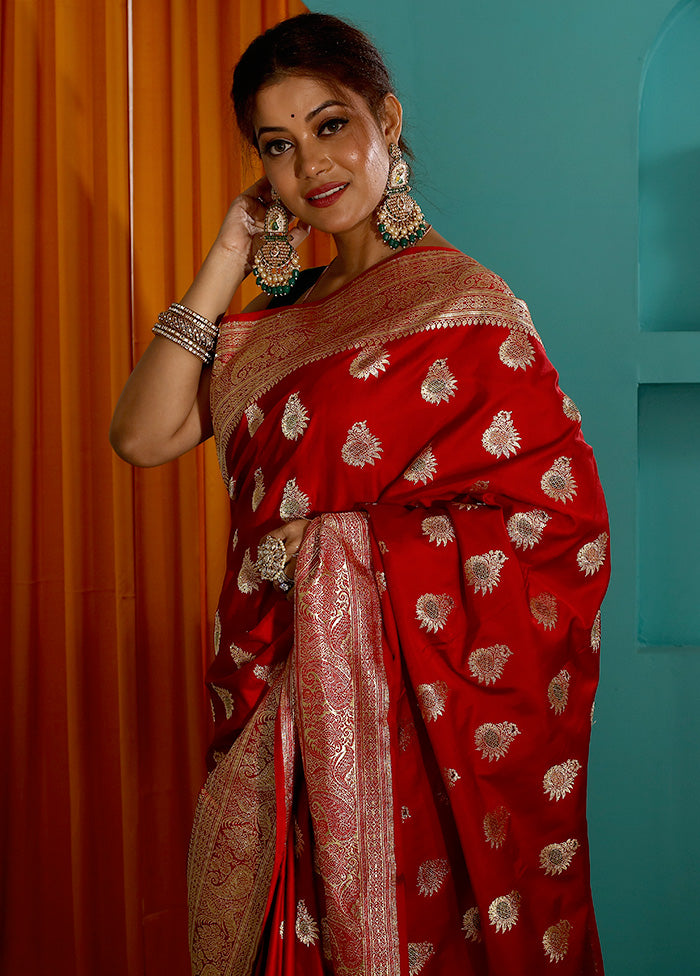 Red Pure Banarasi Silk Saree With Blouse Piece - Indian Silk House Agencies