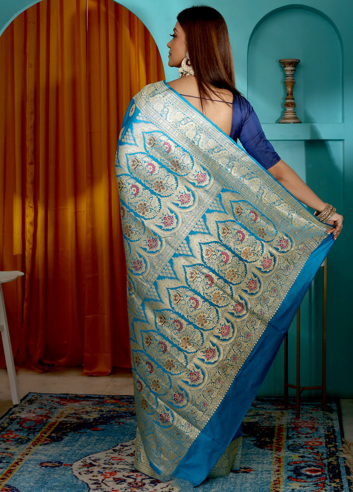 Blue Pure Banarasi Silk Saree With Blouse Piece - Indian Silk House Agencies