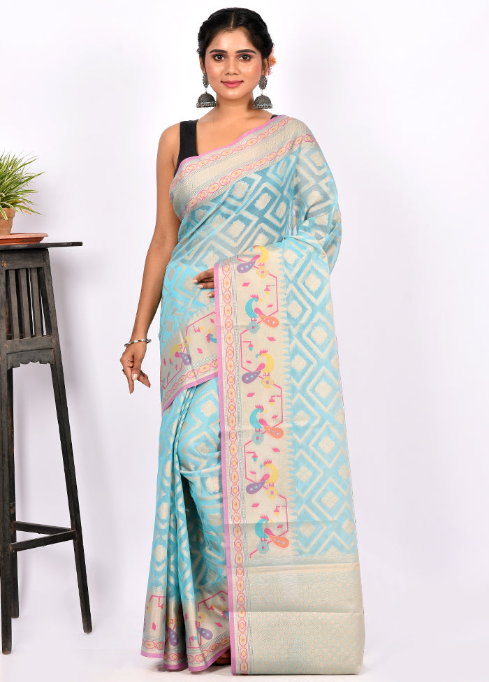 Aqua Blue Kora Silk Saree Without Blouse Piece - Indian Silk House Agencies