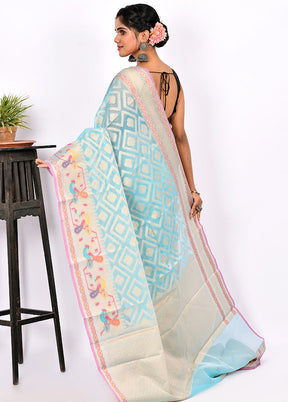 Aqua Blue Kora Silk Saree Without Blouse Piece - Indian Silk House Agencies