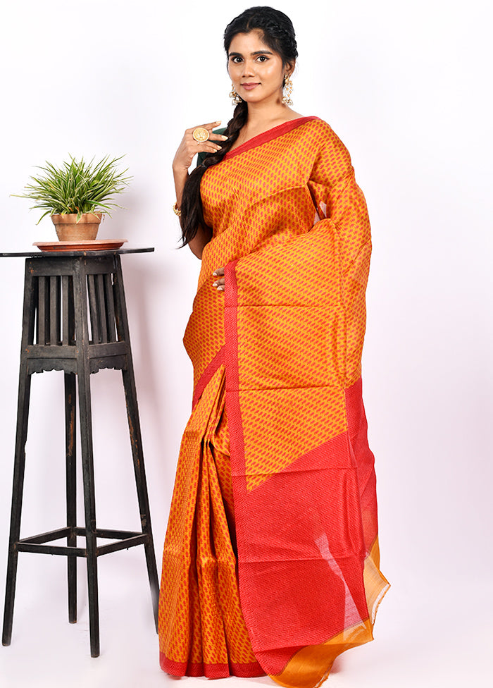 Light Orange Pure Printed Silk Saree With Blouse Piece - Indian Silk House Agencies