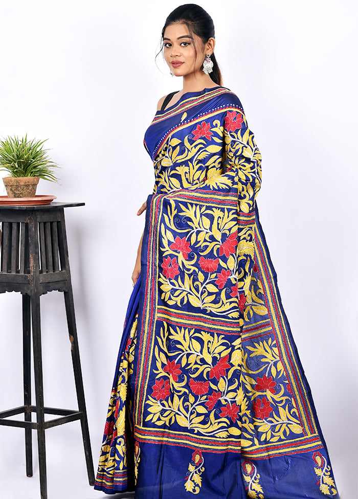 Royal Blue Pure Silk Kantha Stitch Saree With Blouse Piece - Indian Silk House Agencies