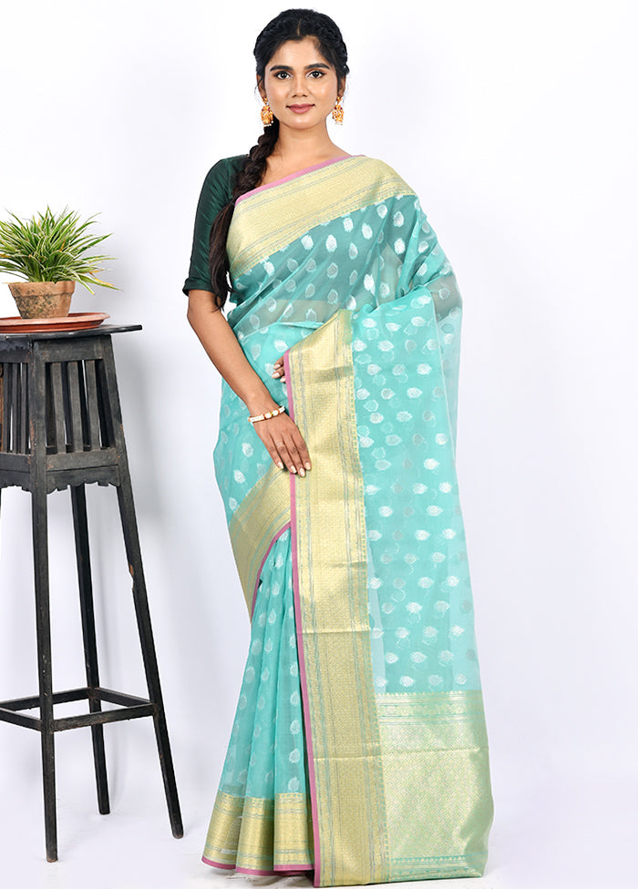 Sky Blue Kora Silk Saree With Blouse Piece - Indian Silk House Agencies