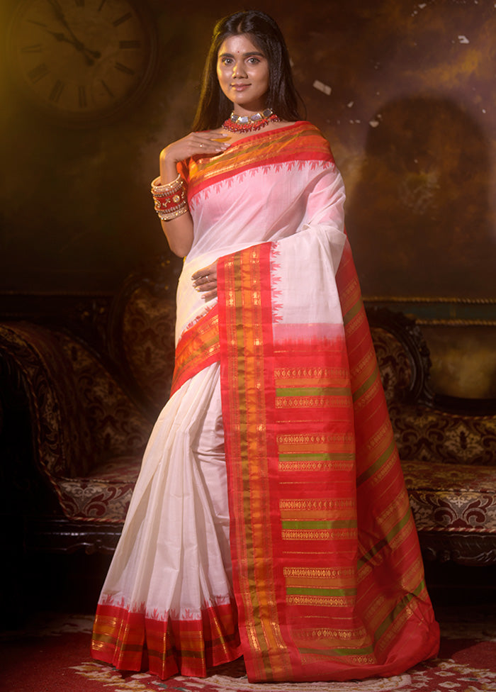 White And Red Pure Gadwal Silk Saree With Blouse Piece - Indian Silk House Agencies