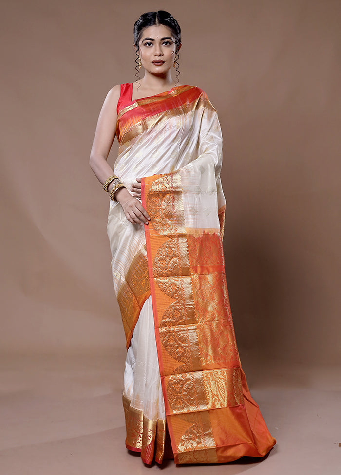 White Kanjivaram Pure Silk Saree With Blouse Piece - Indian Silk House Agencies