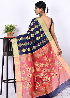 Navy Blue Matka Silk Saree With Blouse Piece - Indian Silk House Agencies