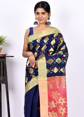 Navy Blue Matka Silk Saree With Blouse Piece - Indian Silk House Agencies