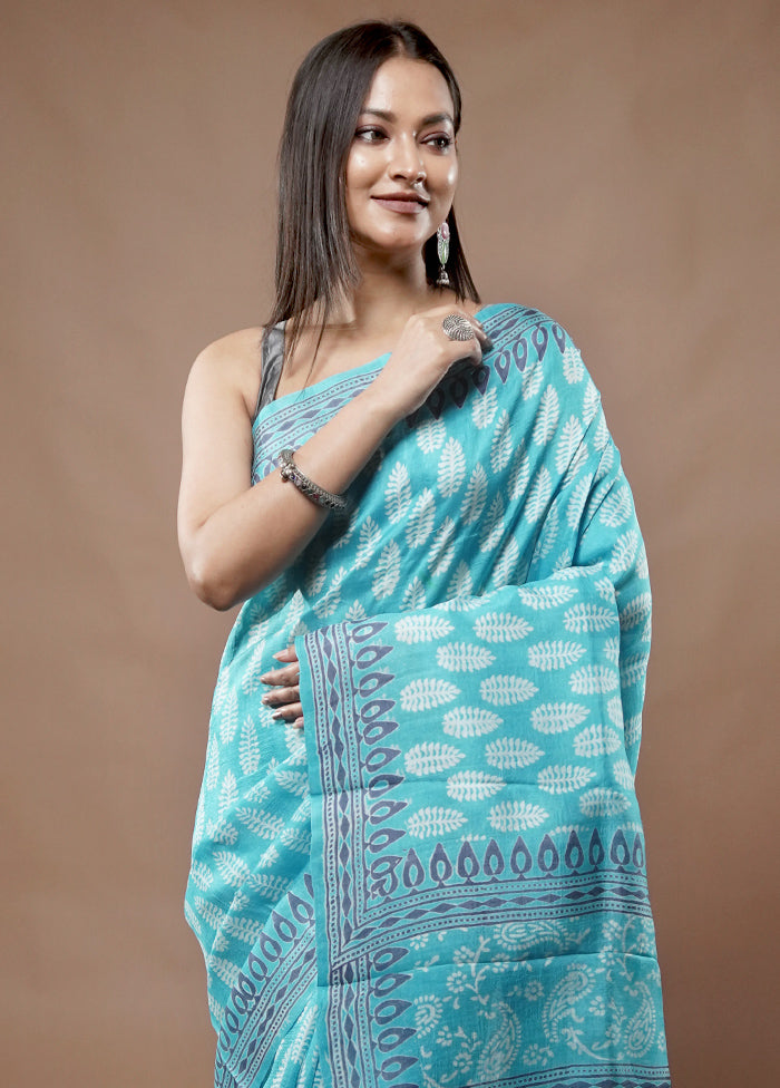 Blue Printed Pure Silk Saree With Blouse Piece - Indian Silk House Agencies