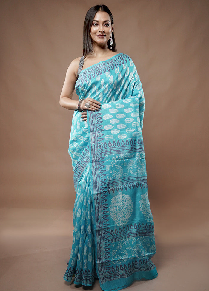 Blue Printed Pure Silk Saree With Blouse Piece - Indian Silk House Agencies