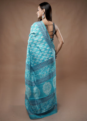 Blue Printed Pure Silk Saree With Blouse Piece - Indian Silk House Agencies