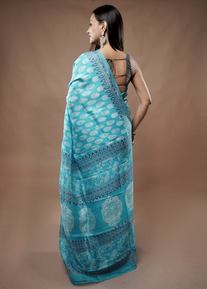 Blue Printed Pure Silk Saree With Blouse Piece - Indian Silk House Agencies