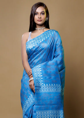 Blue Printed Pure Silk Saree Without Blouse Piece