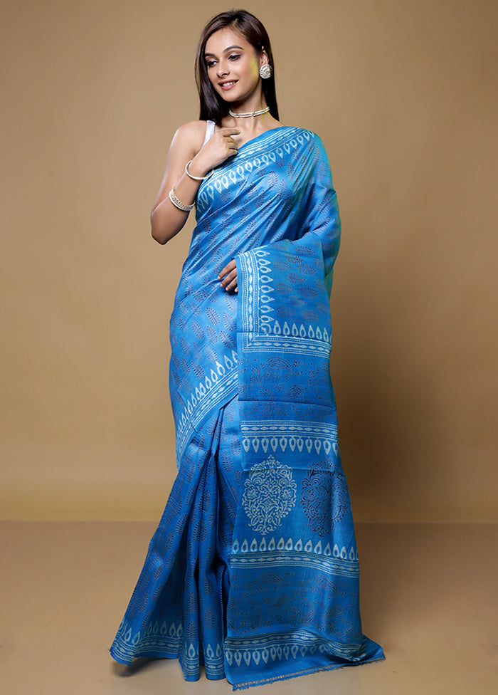 Blue Printed Pure Silk Saree Without Blouse Piece