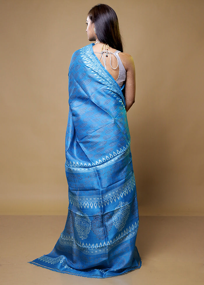 Blue Printed Pure Silk Saree Without Blouse Piece