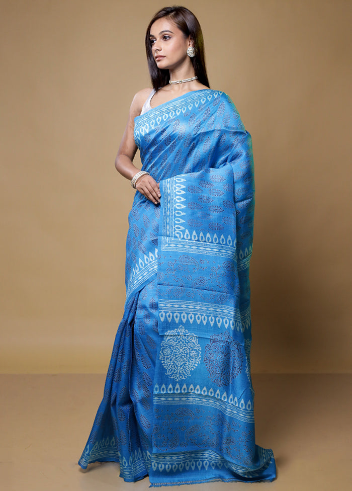 Blue Printed Pure Silk Saree Without Blouse Piece