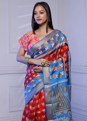 Red Printed Silk Saree Without Blouse Piece