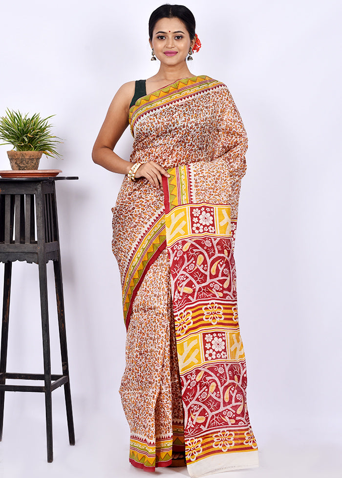 Beige Pure Printed Silk Saree Without Blouse Piece - Indian Silk House Agencies
