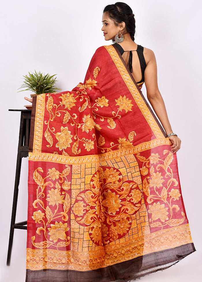Maroon Pure Printed Silk Saree Without Blouse Piece - Indian Silk House Agencies