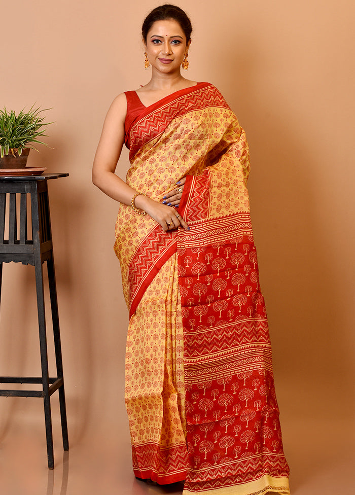 Sand Yellow Pure Printed Silk Saree Without Blouse Piece - Indian Silk House Agencies