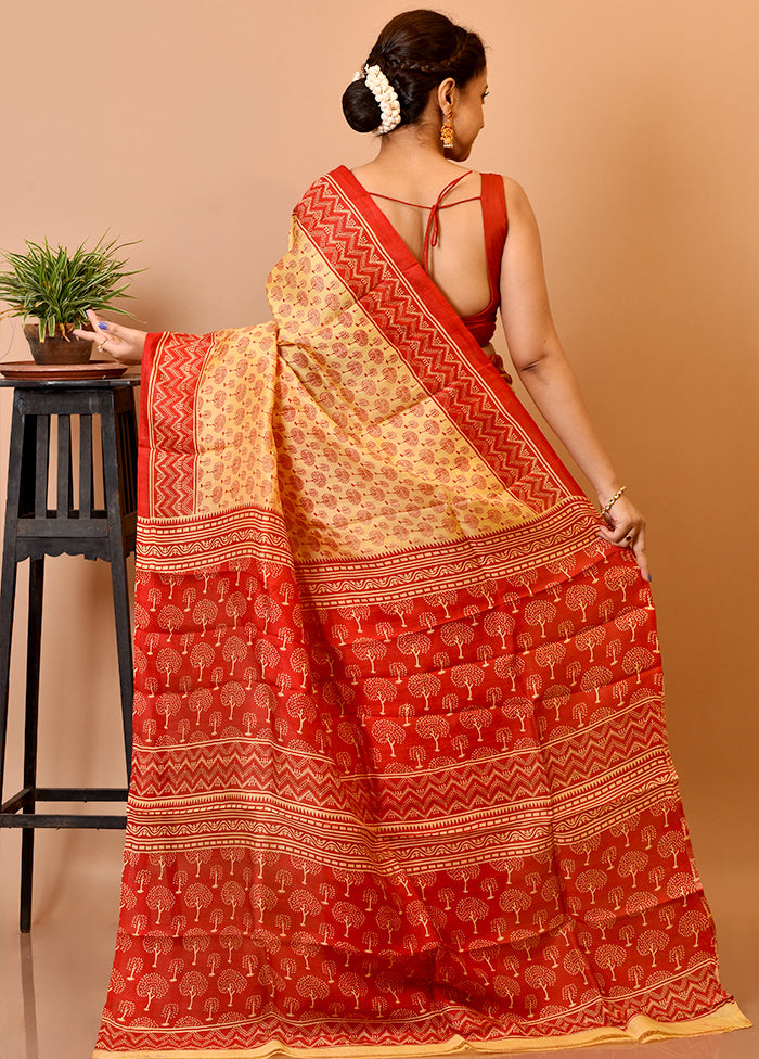 Sand Yellow Pure Printed Silk Saree Without Blouse Piece - Indian Silk House Agencies