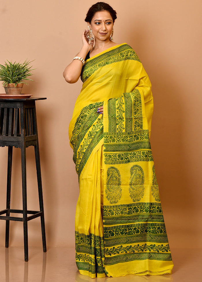 Yellow Pure Printed Silk Saree Without Blouse Piece - Indian Silk House Agencies