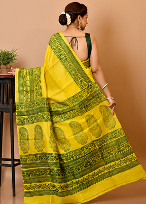 Yellow Pure Printed Silk Saree Without Blouse Piece - Indian Silk House Agencies