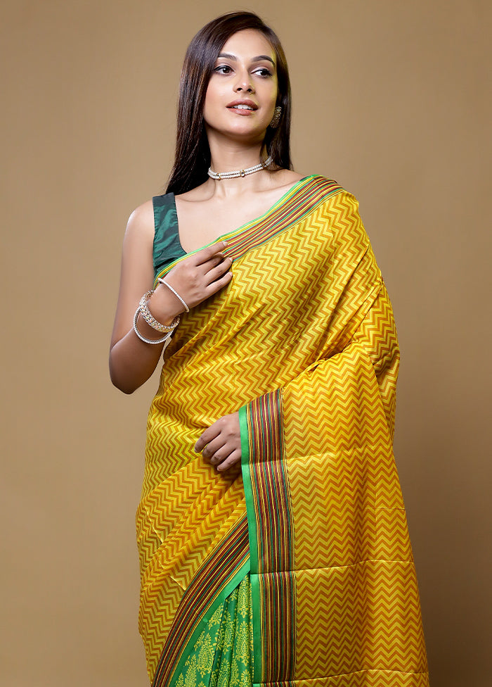 Yellow Printed Pure Silk Saree Without Blouse Piece