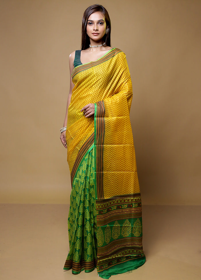 Yellow Printed Pure Silk Saree Without Blouse Piece