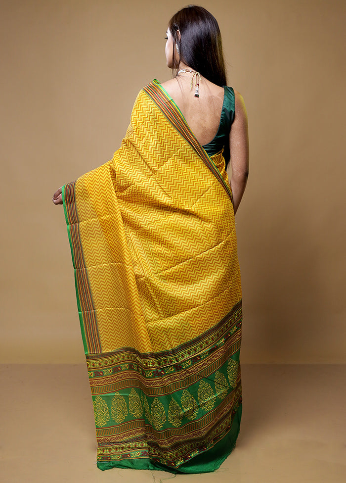 Yellow Printed Pure Silk Saree Without Blouse Piece