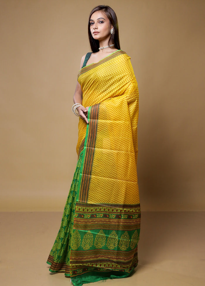 Yellow Printed Pure Silk Saree Without Blouse Piece